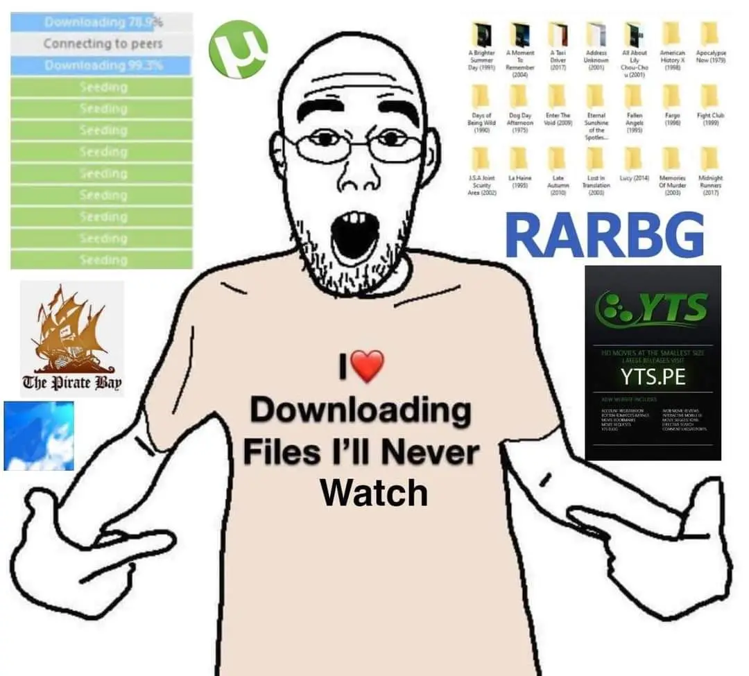 A cartoon man with glasses and a shocked expression wears a t-shirt that says 'I ❤️ Downloading Files I'll Never Watch'…