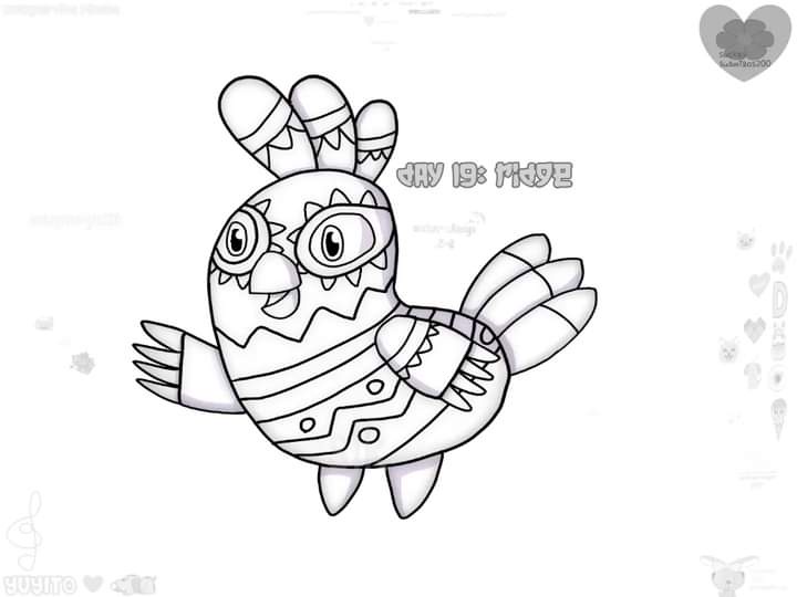 A black-and-white line drawing of a stylized, cartoonish bird with geometric patterns, large eyes, and decorative feathers…