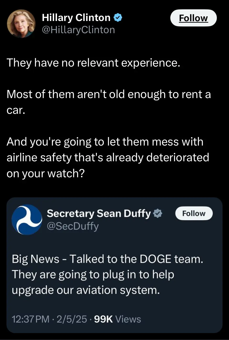 The image displays two Twitter posts. The top post is from Hillary Clinton, who says 'They have no relevant experience. Most…