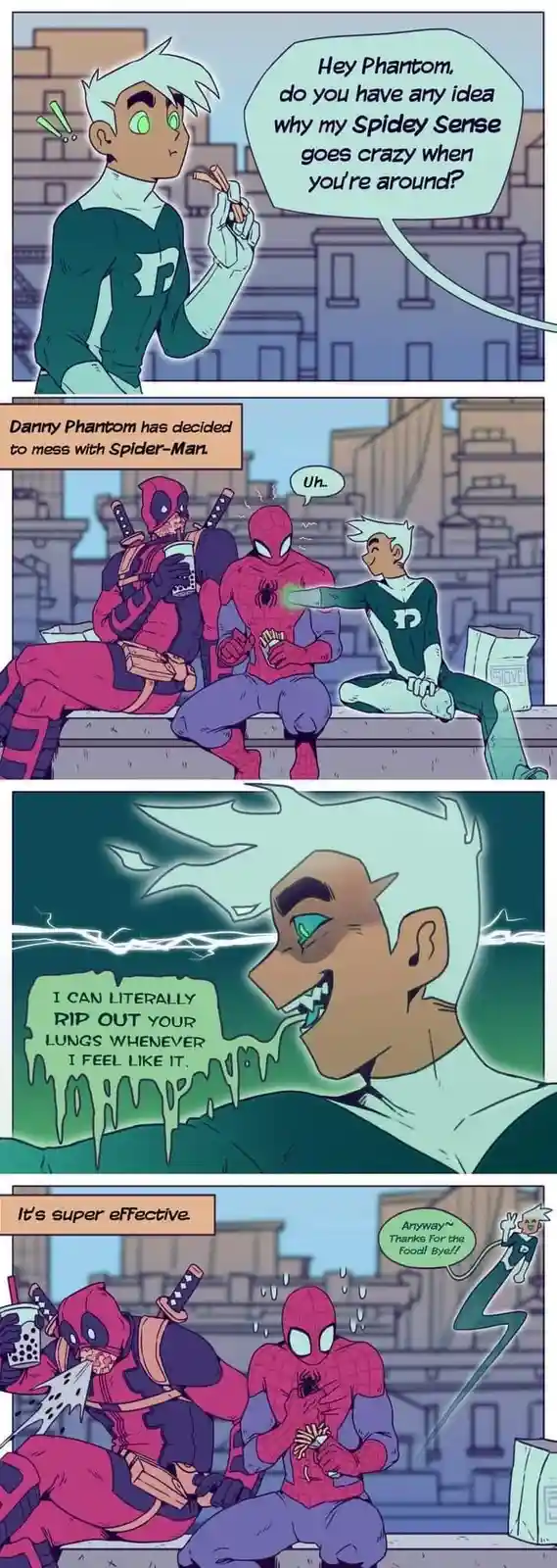 A four-panel comic strip shows Danny Phantom teasing Spider-Man about his spidey sense going off. Danny casually reveals he…