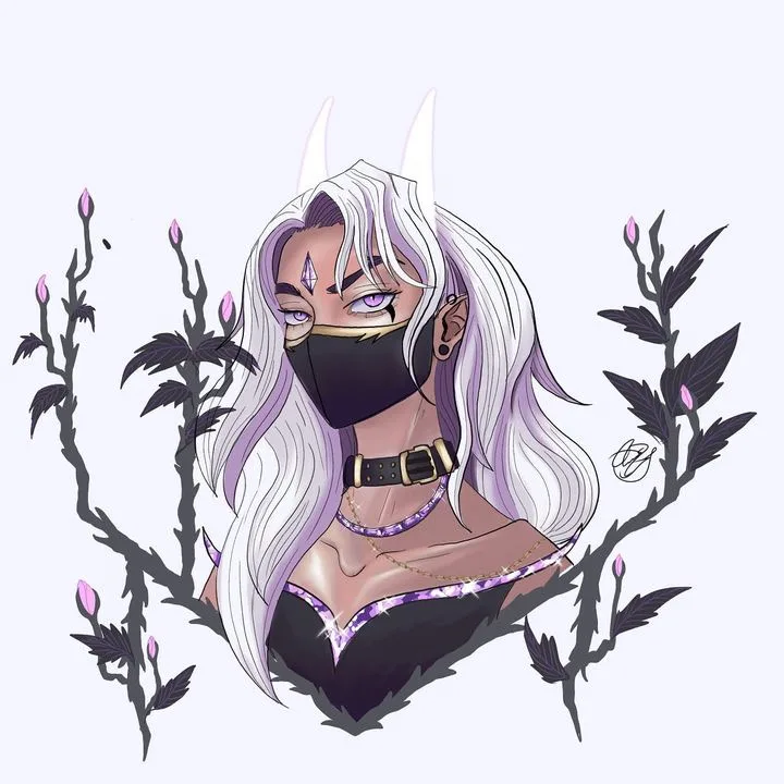 An anime-style illustration of a woman with long white and purple hair, wearing a black face mask, white horns, and a black…