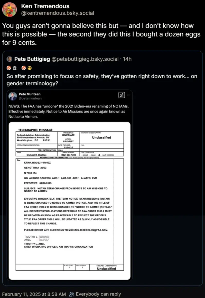 A screenshot of a social media thread shows a post by Pete Buttigieg questioning the FAA's decision to revert a 2021…