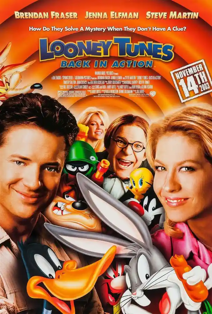 This is a movie poster for 'Looney Tunes: Back in Action' (2003), featuring actors Brendan Fraser, Jenna Elfman, and Steve…