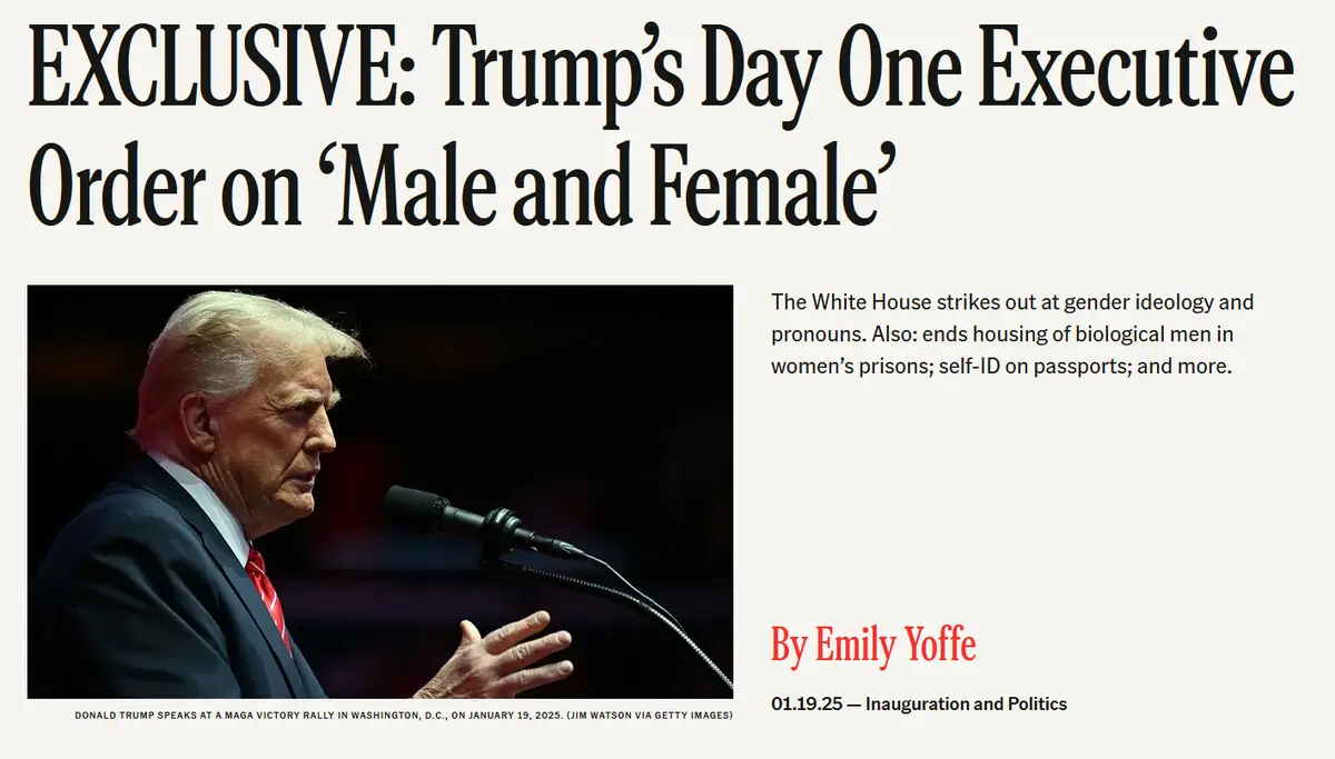 A satirical news article image shows Donald Trump speaking at a rally, with a headline claiming an 'exclusive' executive…