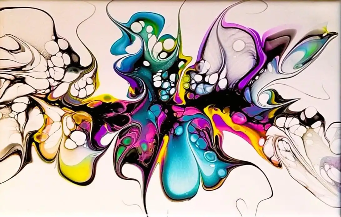 The image displays a vibrant abstract painting with swirling, fluid-like patterns of colorful paint—blues, purples, yellows…