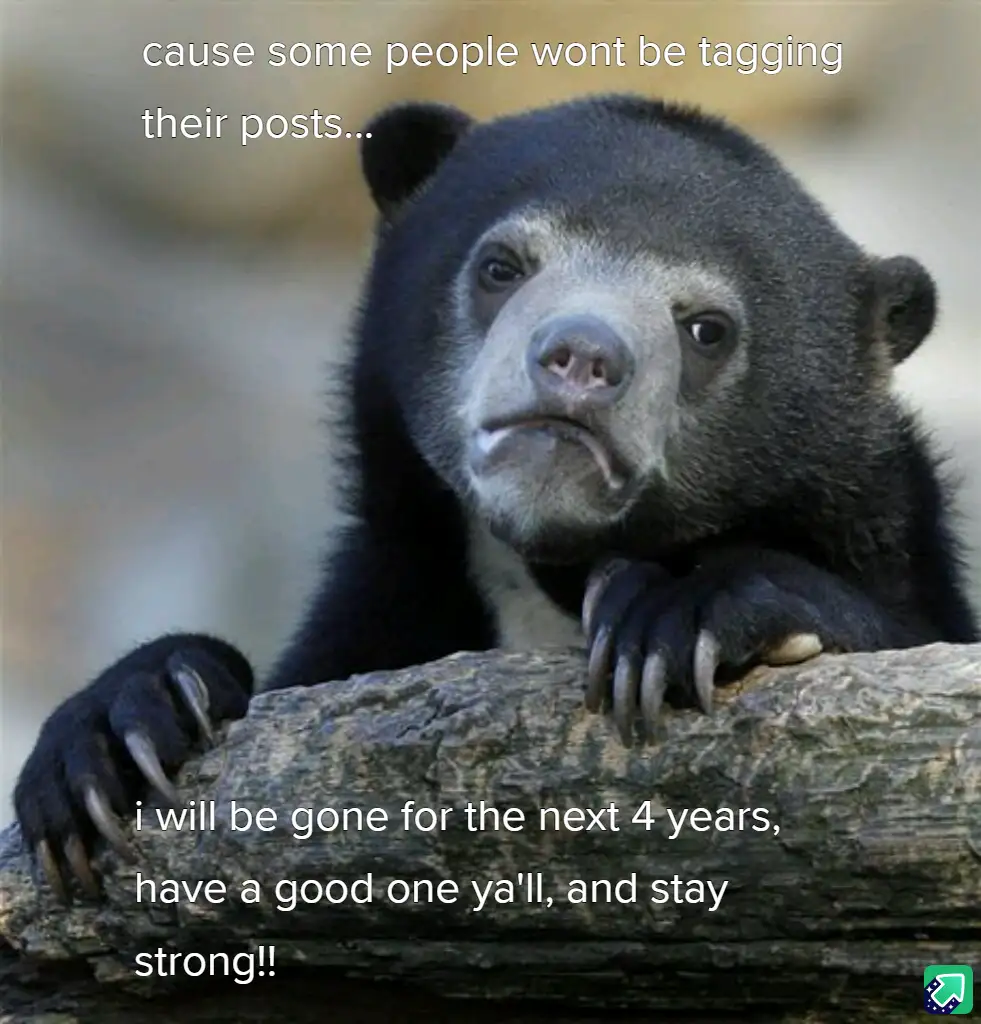 A close-up photo of a sad-looking sun bear resting its paws on a log, with white text overlaid that reads 'cause some people…