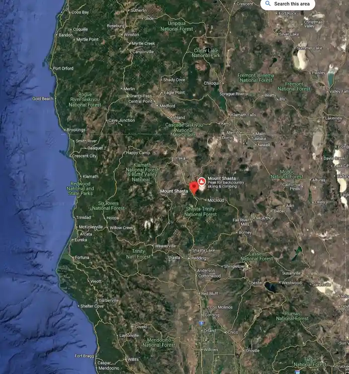 A satellite map view of Northern California highlighting Mount Shasta with a red pin and an information bubble that reads…