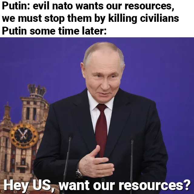 A photo of Vladimir Putin speaking at a podium with a clock tower visible behind him. The image has text overlaid at the top…