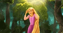A sequence of six images shows the animated character Rapunzel from Disney's Tangled standing in a sunlit forest, displaying…