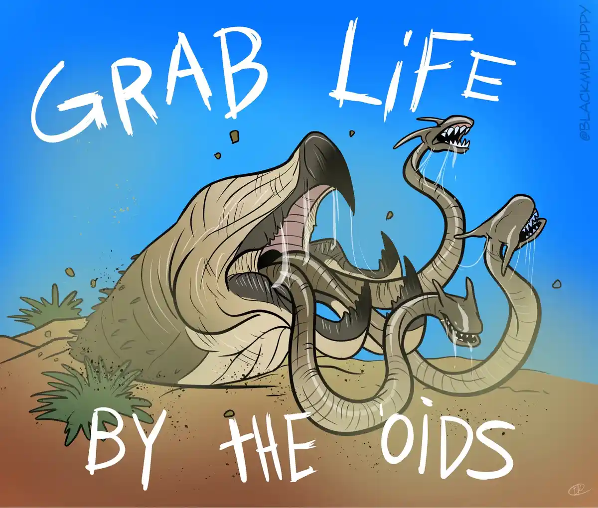 A cartoon illustration shows a large, multi-headed snake-like creature emerging from the ground in a desert, with its mouths…