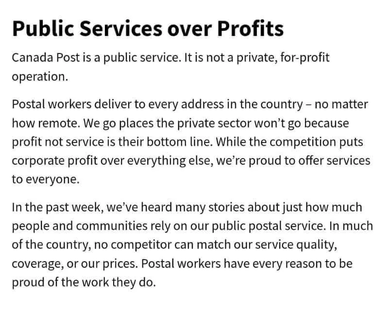 The image displays a formal, multi-paragraph text block from Canada Post, titled 'Public Services over Profits,' which…