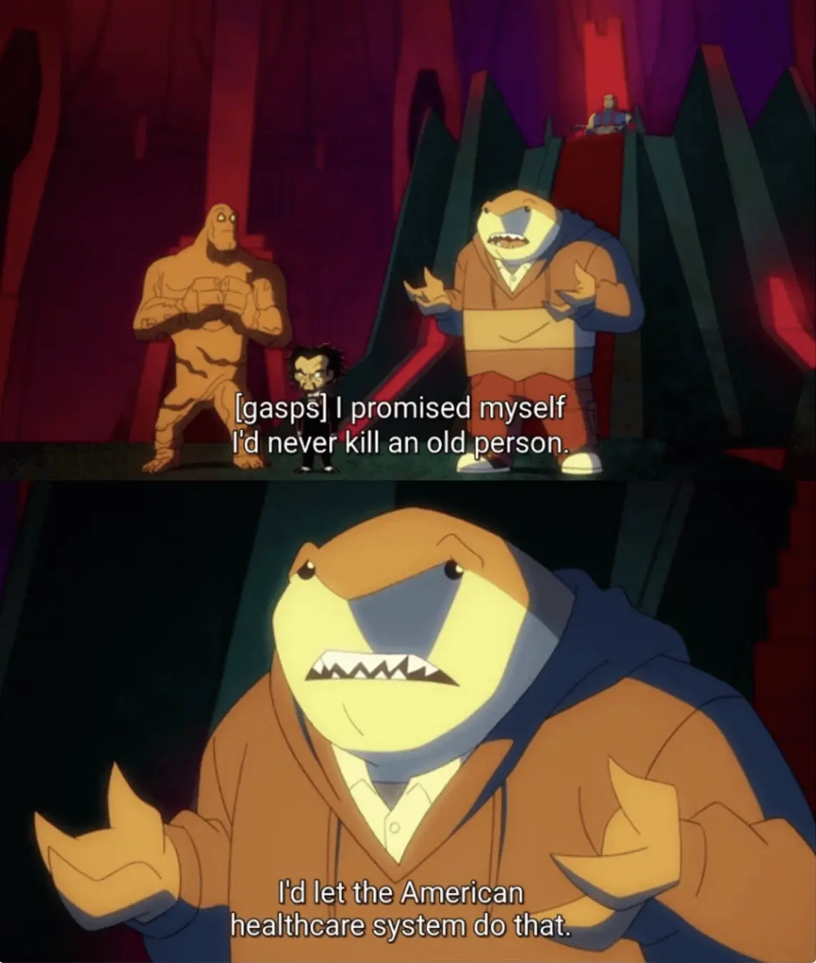 A two-panel meme from the animated series 'Batman: The Brave and the Bold' featuring a shark-like character in a hoodie. In…