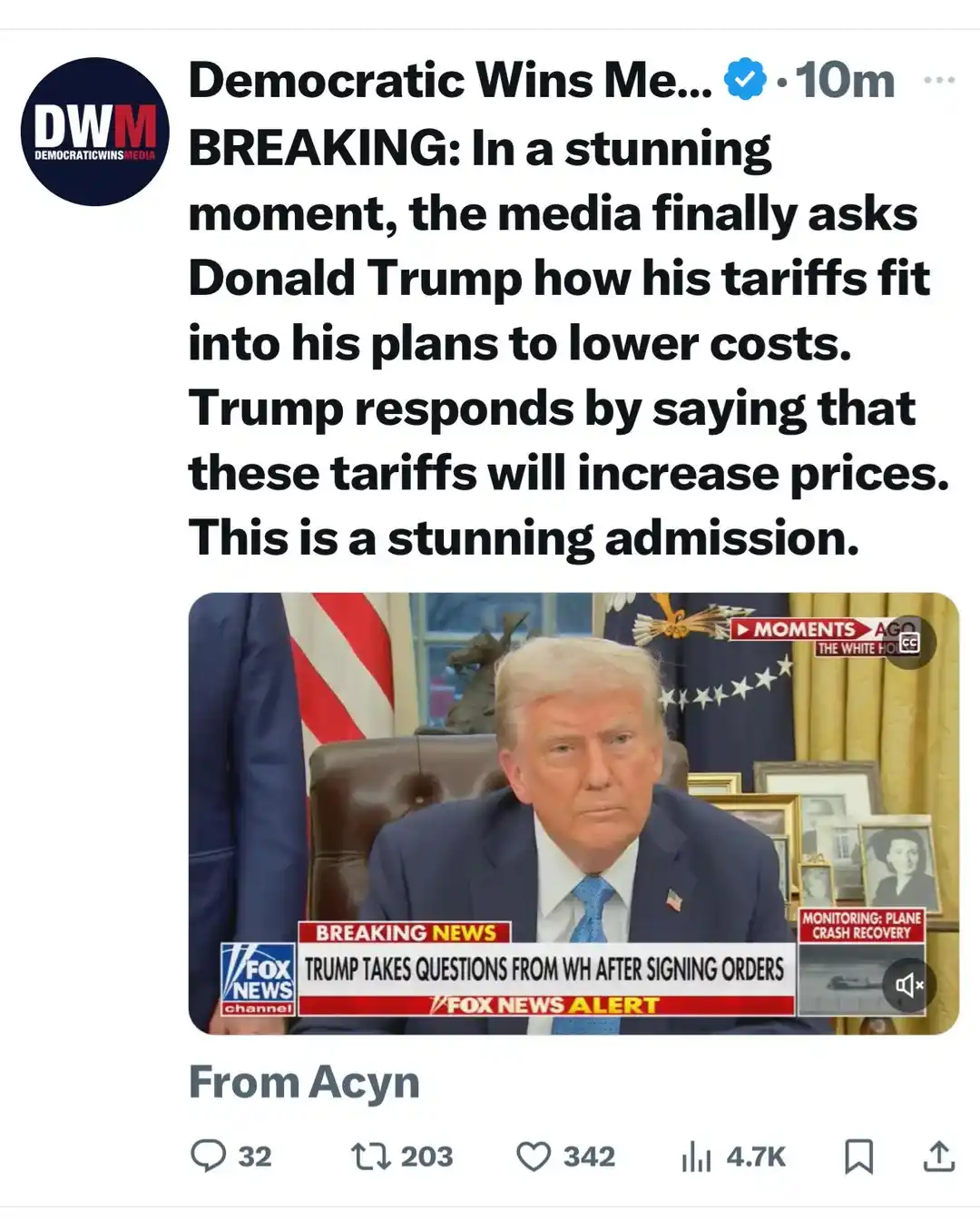 A screenshot of a Fox News broadcast shows Donald Trump seated in the White House, looking serious. The overlay text claims…