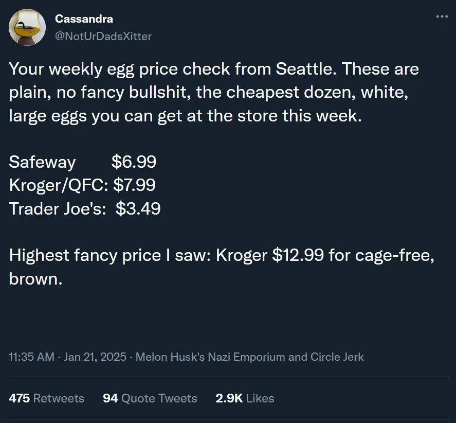 A screenshot of a Twitter post by user Cassandra (@NotUrDadsXitter) detailing a weekly egg price comparison from Seattle…