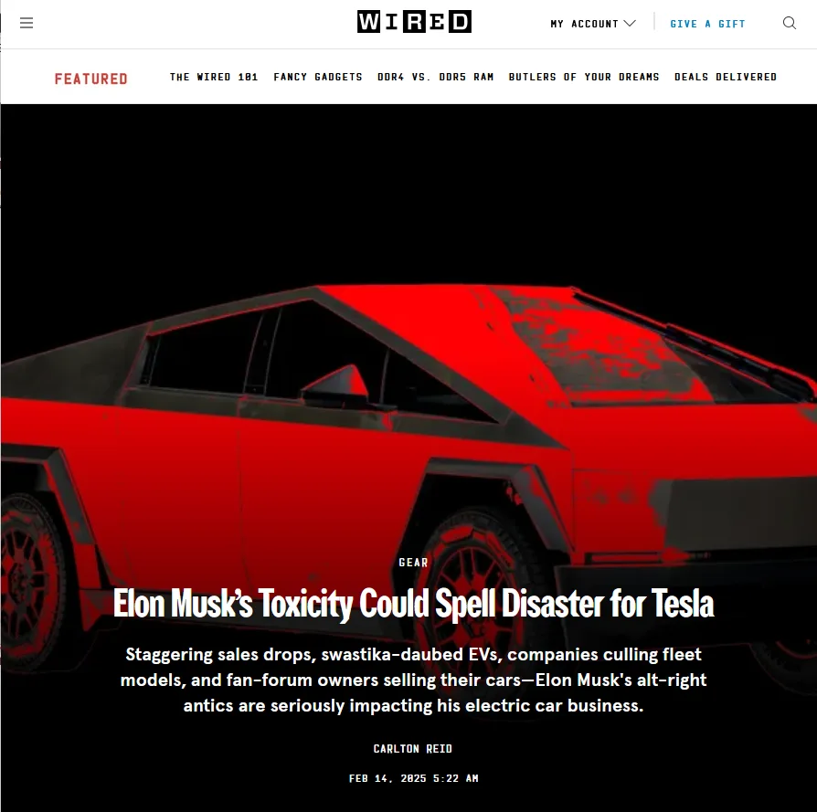 A screenshot of a Wired article featuring a red Tesla Cybertruck with the headline 'Elon Musk's Toxicity Could Spell…