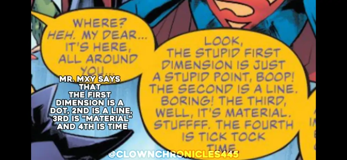 A comic panel featuring Superman and another character in speech bubbles. The character on the right explains dimensions in…
