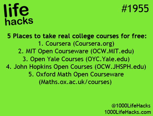 A bright green image with black text mimicking a 'life hacks' list, numbered 1-5, listing free online college courses from…