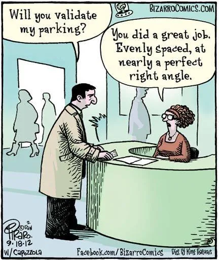 A man in a trench coat stands at a counter asking a woman behind the desk to validate his parking. She responds with praise…