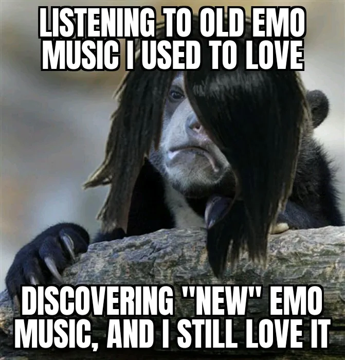 A monkey wearing a long, dark emo-style wig with bangs covering one eye, looking sad and pensive while resting its chin on a…