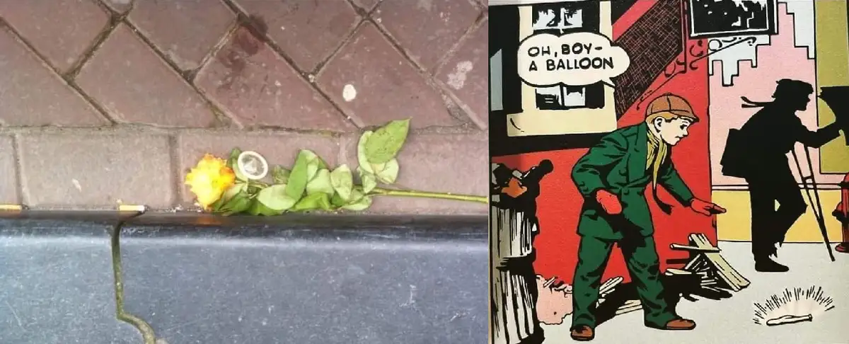 A real-life photo shows a yellow rose with a condom placed on a sidewalk curb next to a metal barrier. Beside it is a comic…
