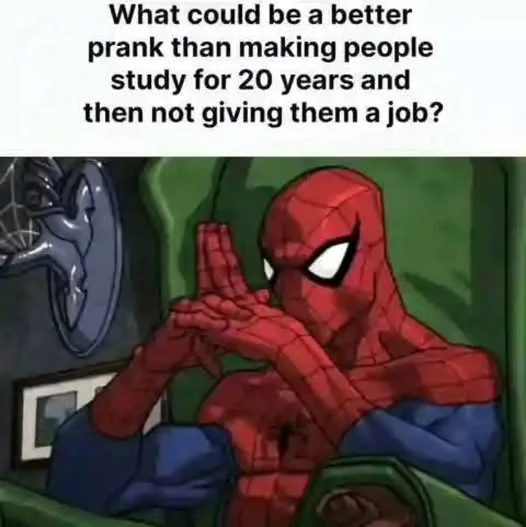 Spider-Man sits in a green chair with his hands clasped in front of his face, looking thoughtful. The overlaid text reads…