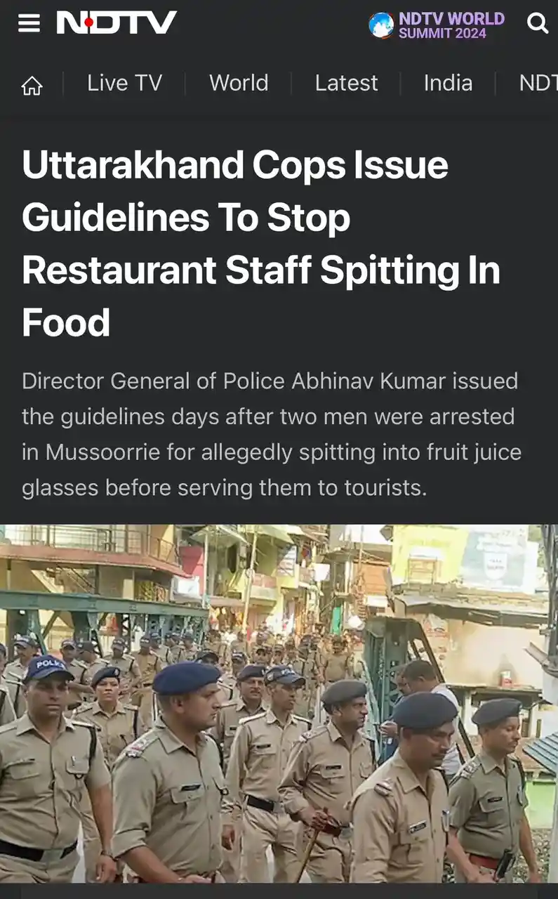 A screenshot of an NDTV news article shows a headline about Uttarakhand police issuing guidelines to stop restaurant staff…