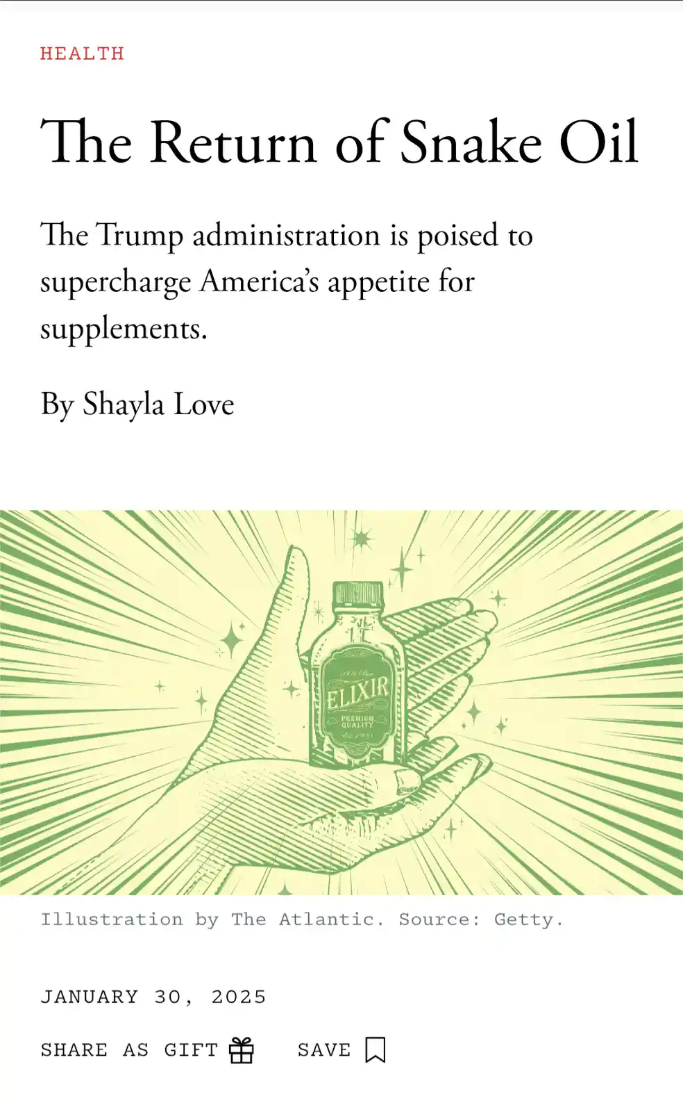 An article header titled 'The Return of Snake Oil' with a subtitle about the Trump administration boosting supplement…