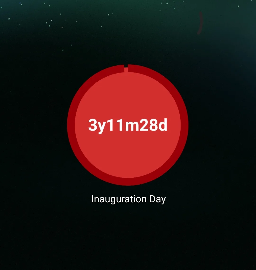 A dark space-themed background with a large red circular countdown timer showing '3y11m28d' in white text. Below the timer…