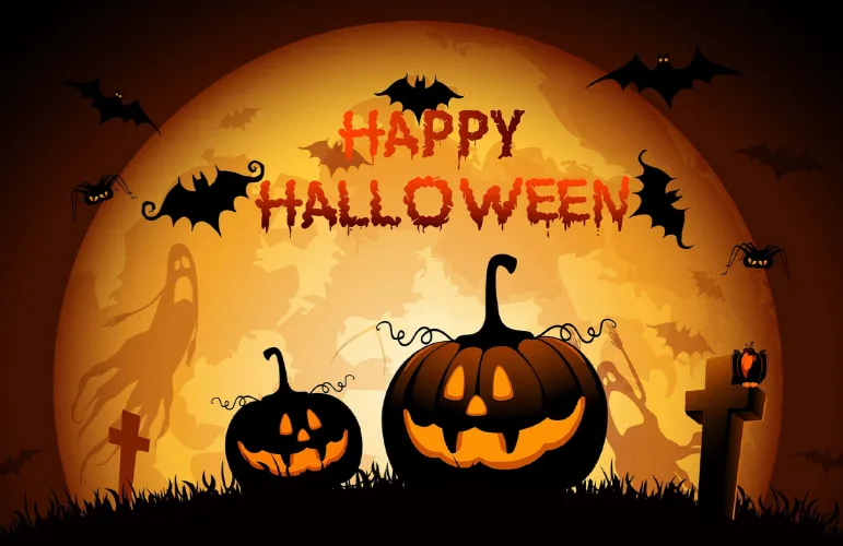 A Halloween-themed illustration features a large orange moon with the text 'HAPPY HALLOWEEN' in dripping red letters…