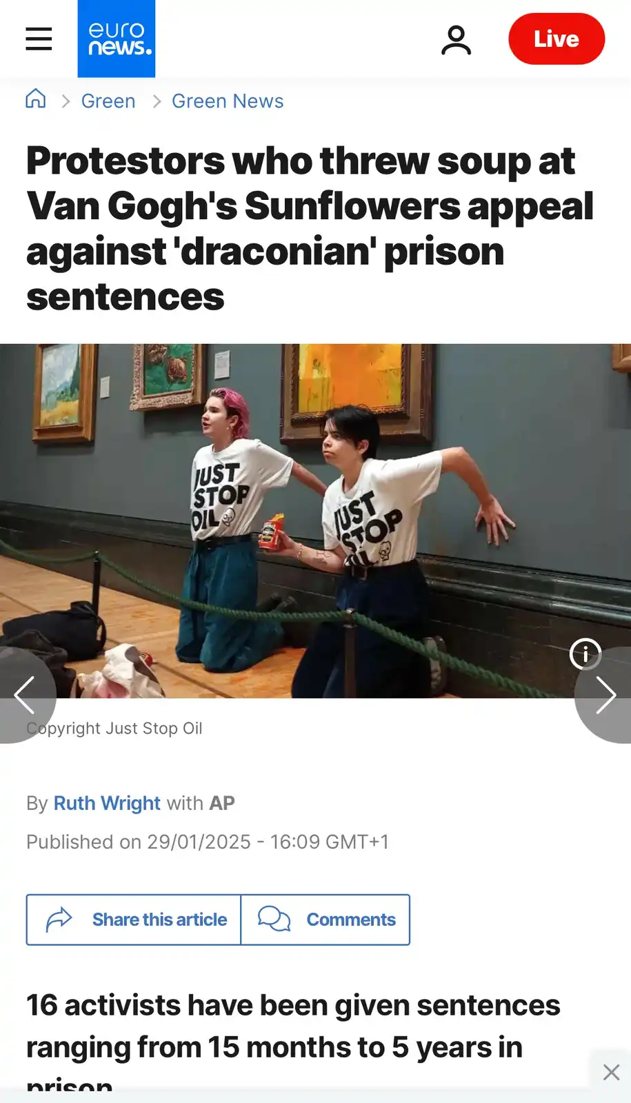 Two activists wearing 'JUST STOP OIL' t-shirts kneel in front of Van Gogh's Sunflowers painting in a museum, one holding a…
