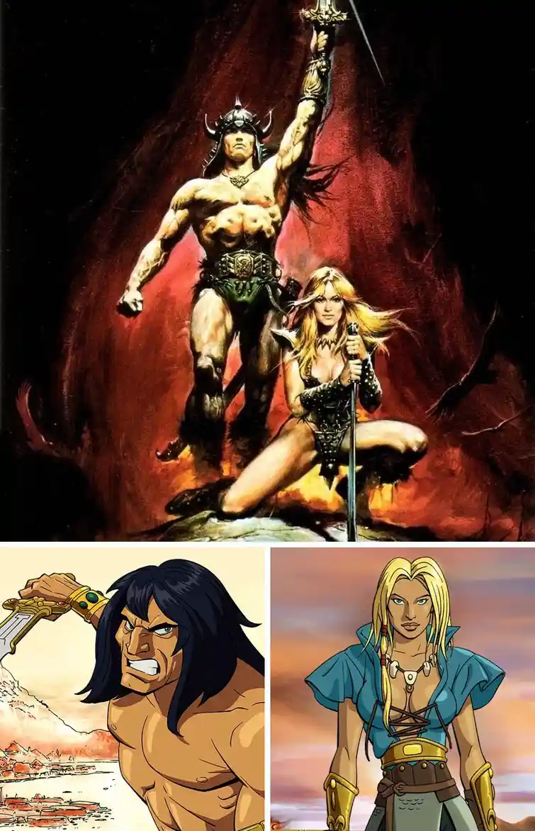 The image is a collage comparing the original comic book art of Conan the Barbarian and his wife, the Queen of the Damned…