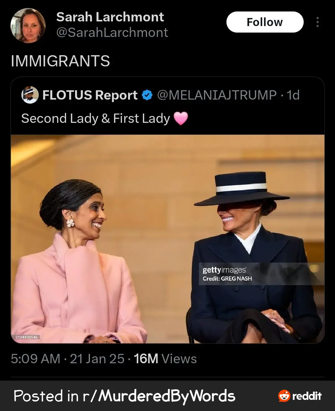 A screenshot of a tweet from 'FLOTUS Report' showing two women smiling at each other, one in a pink coat and the other in a…
