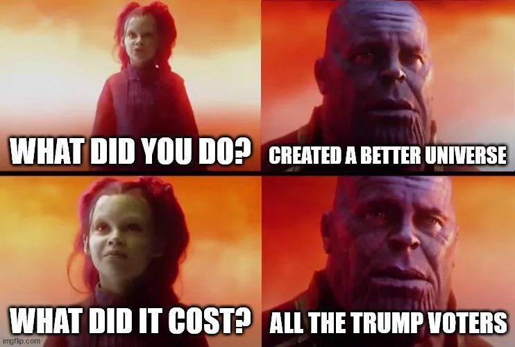 A four-panel meme featuring a young girl with red hair and a purple dress in the top-left and bottom-left panels, and the…