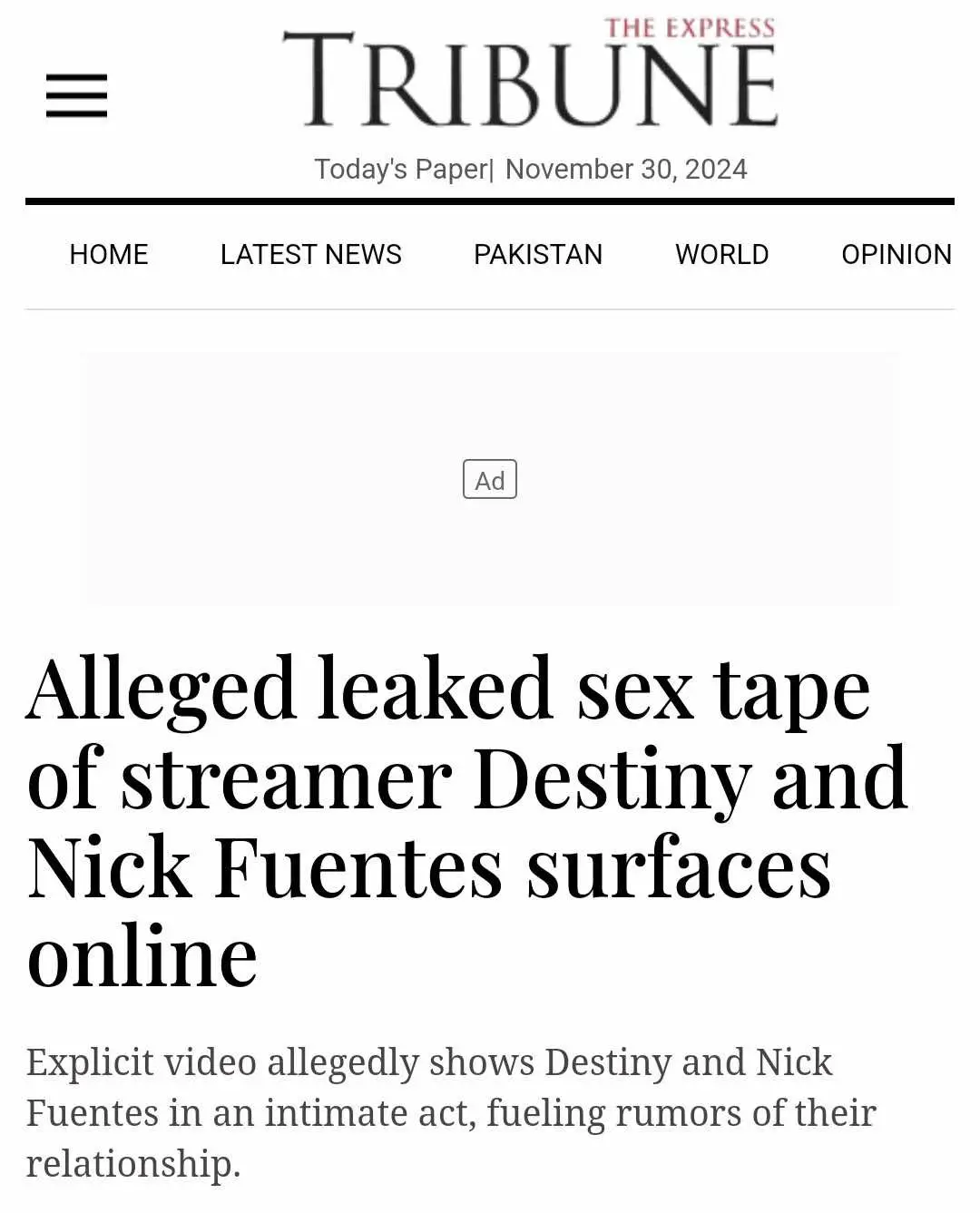 A screenshot of The Express Tribune's website shows a news article headline about an alleged leaked sex tape involving…