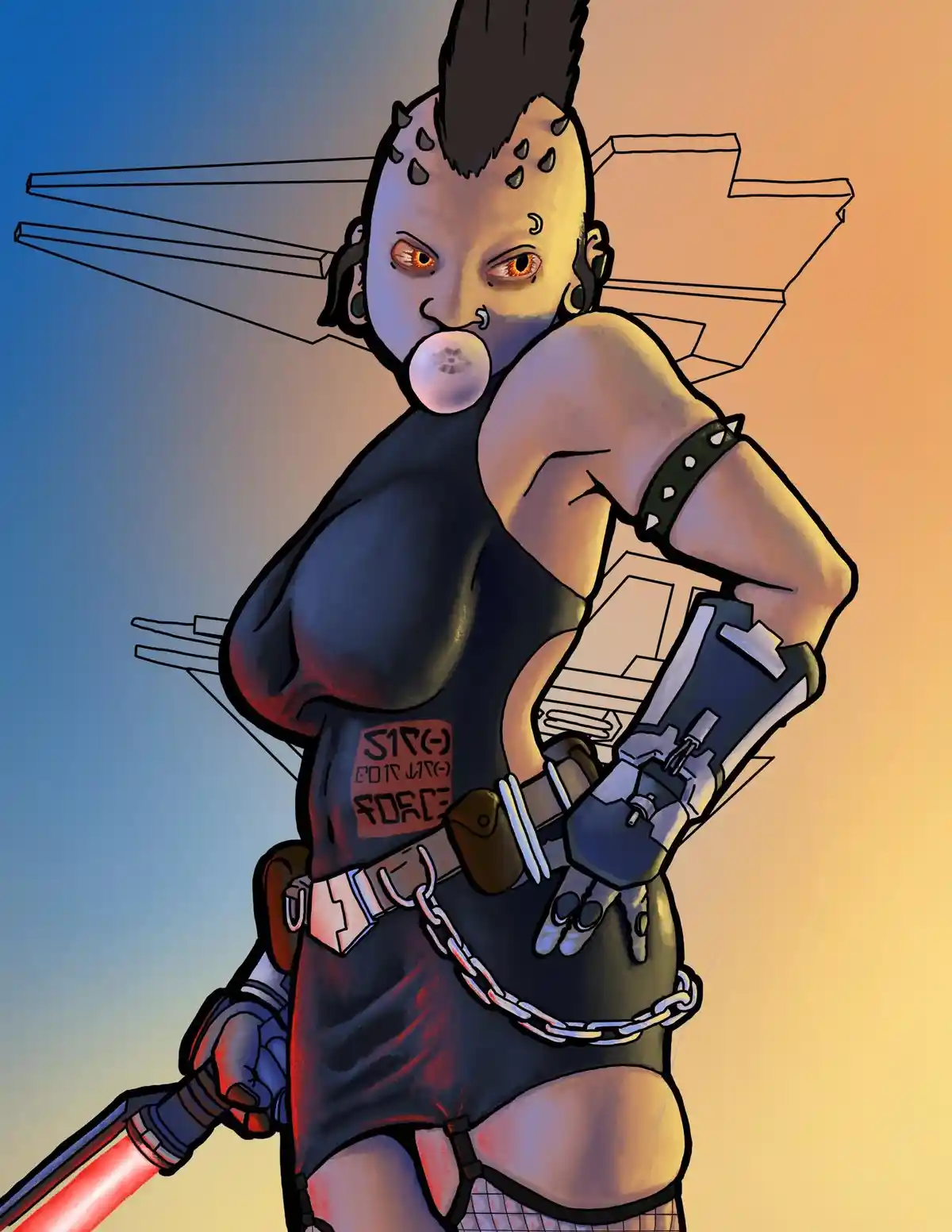 A stylized illustration of a punk-inspired female warrior with a mohawk, orange eyes, and a bubblegum bubble, wearing a…