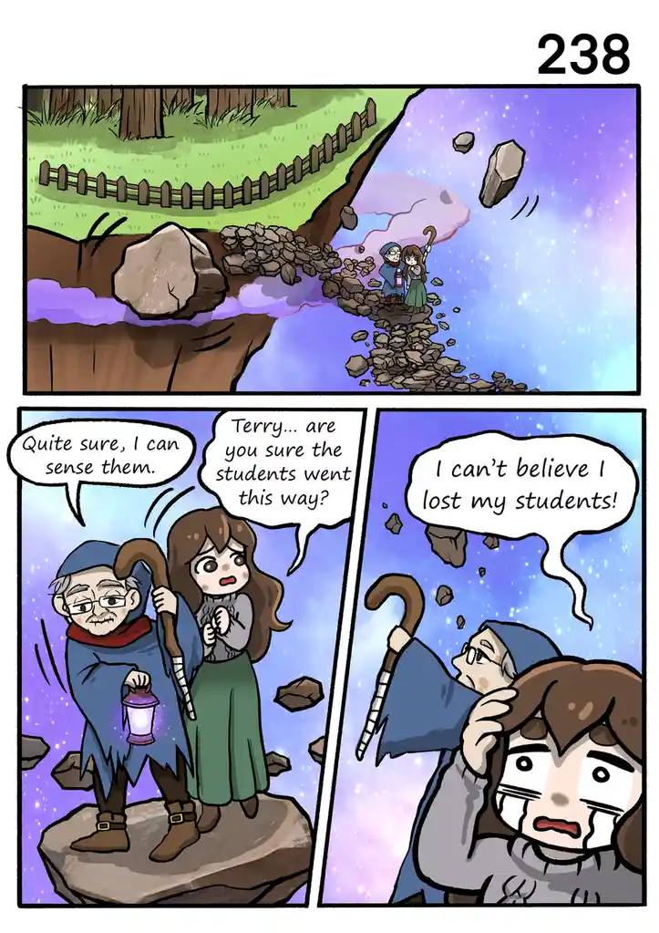 A three-panel comic strip shows two fantasy characters, an old man with a staff and lantern and a young woman, standing on a…