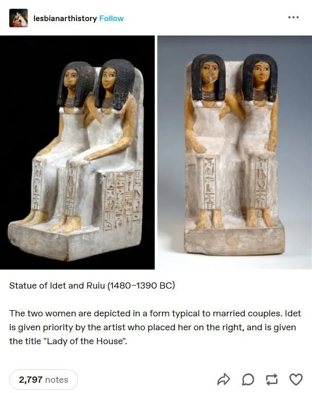Two ancient Egyptian statues of seated women, identified as Idet and Ruiu from 1480–1390 BC, are shown side-by-side. The…