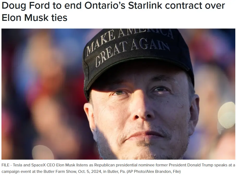 A close-up photo of Elon Musk wearing a black 'MAKE AMERICA GREAT AGAIN' cap, looking serious. The image is overlaid with…