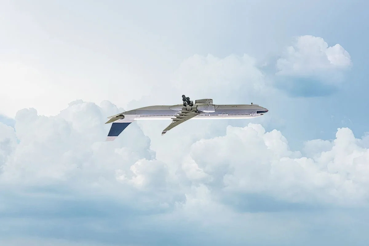 A passenger airplane is shown flying through a cloudy sky, but its rear fuselage has been replaced with a military jet…