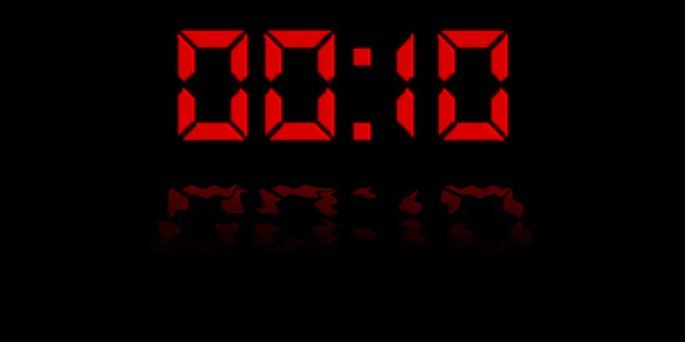 The image displays two rows of digital countdown timers in red on black backgrounds, counting down from 10 seconds to 0…