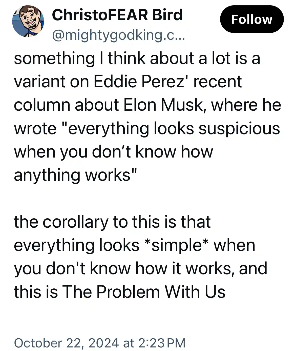 The image displays a screenshot of a tweet from a user named ChristoFEAR Bird. The tweet text discusses a quote from Eddie…