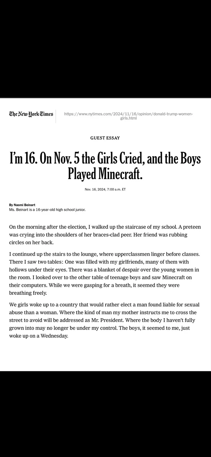 A screenshot of a New York Times guest essay titled 'I'm 16. On Nov. 5 the Girls Cried, and the Boys Played Minecraft.' by…