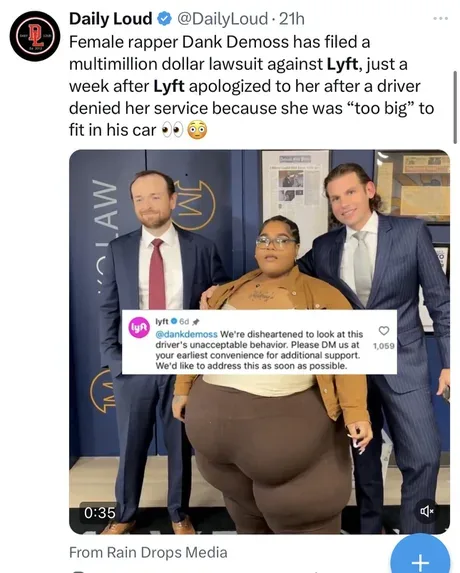 A photo shows female rapper Dank Demoss standing between two men in suits, with a screenshot of a Lyft customer service…