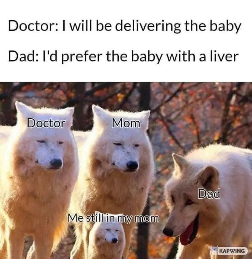 Three white wolves labeled 'Doctor,' 'Mom,' and 'Dad' stand in an autumn forest, with a tiny wolf labeled 'Me still in my…