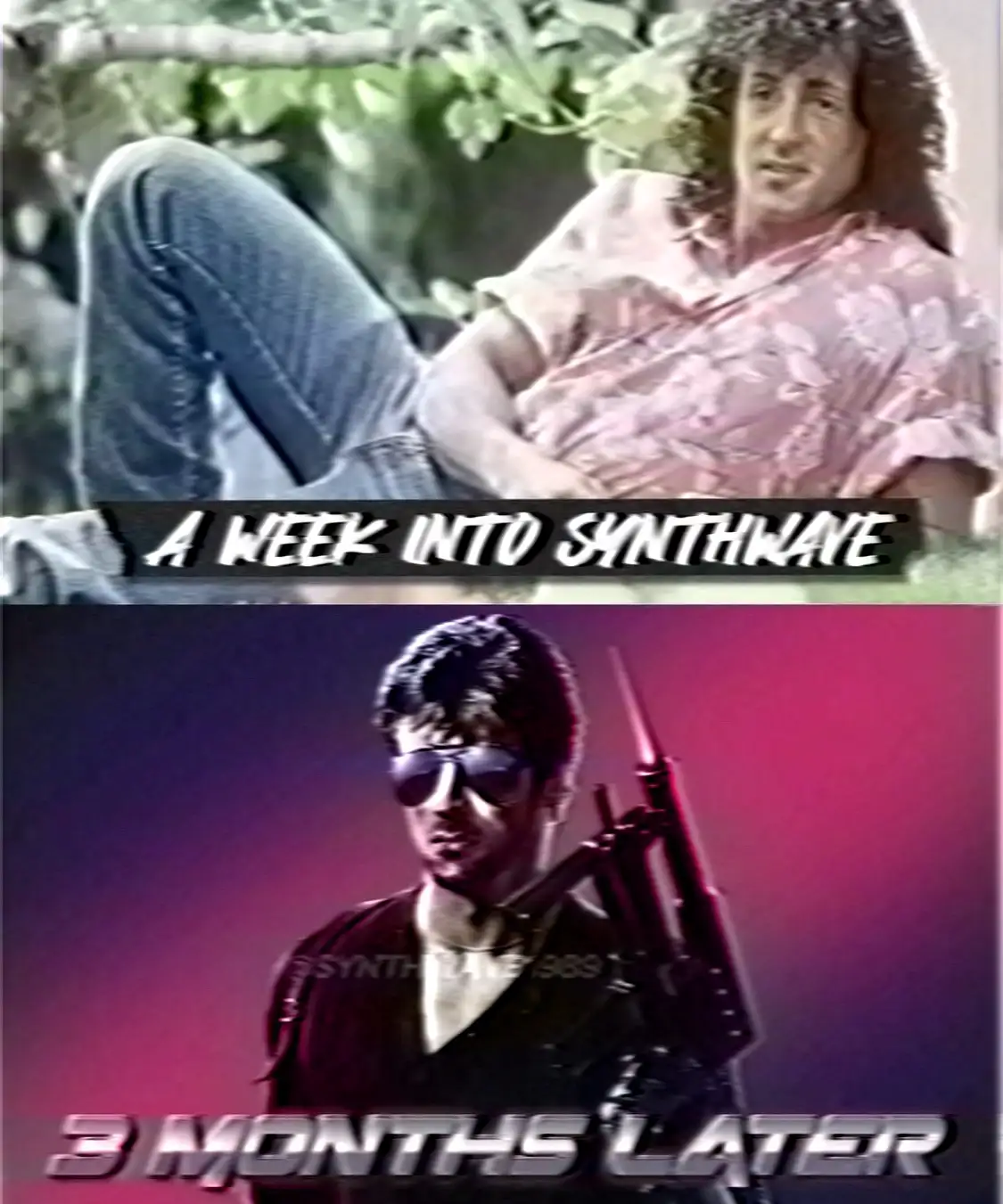 The top panel shows a man with long curly hair in a pink floral shirt lounging casually outdoors. The bottom panel shows the…