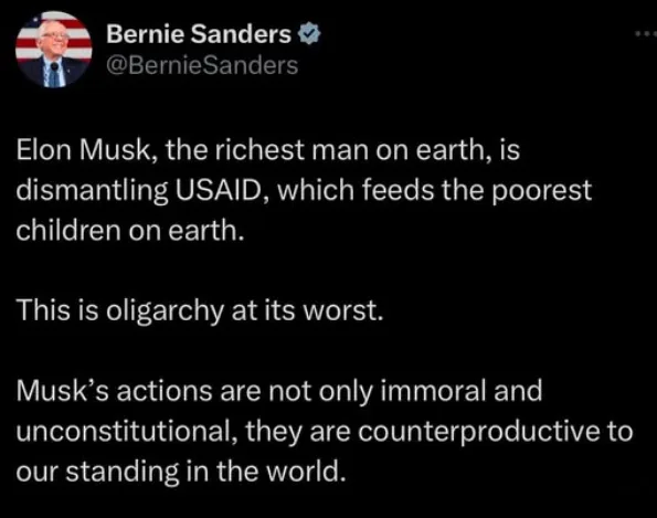 A screenshot of a tweet from Bernie Sanders' verified Twitter account, which reads: 'Elon Musk, the richest man on earth, is…