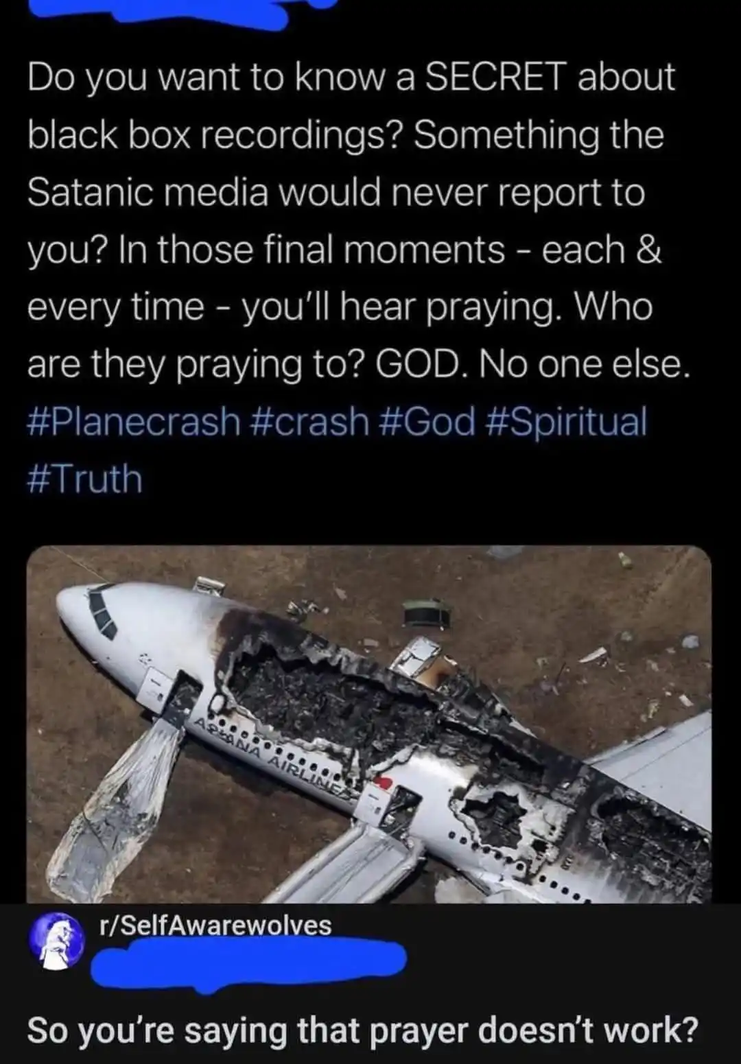 An aerial photo shows the charred wreckage of an Asiana Airlines plane on the ground. Overlaid text claims that black box…