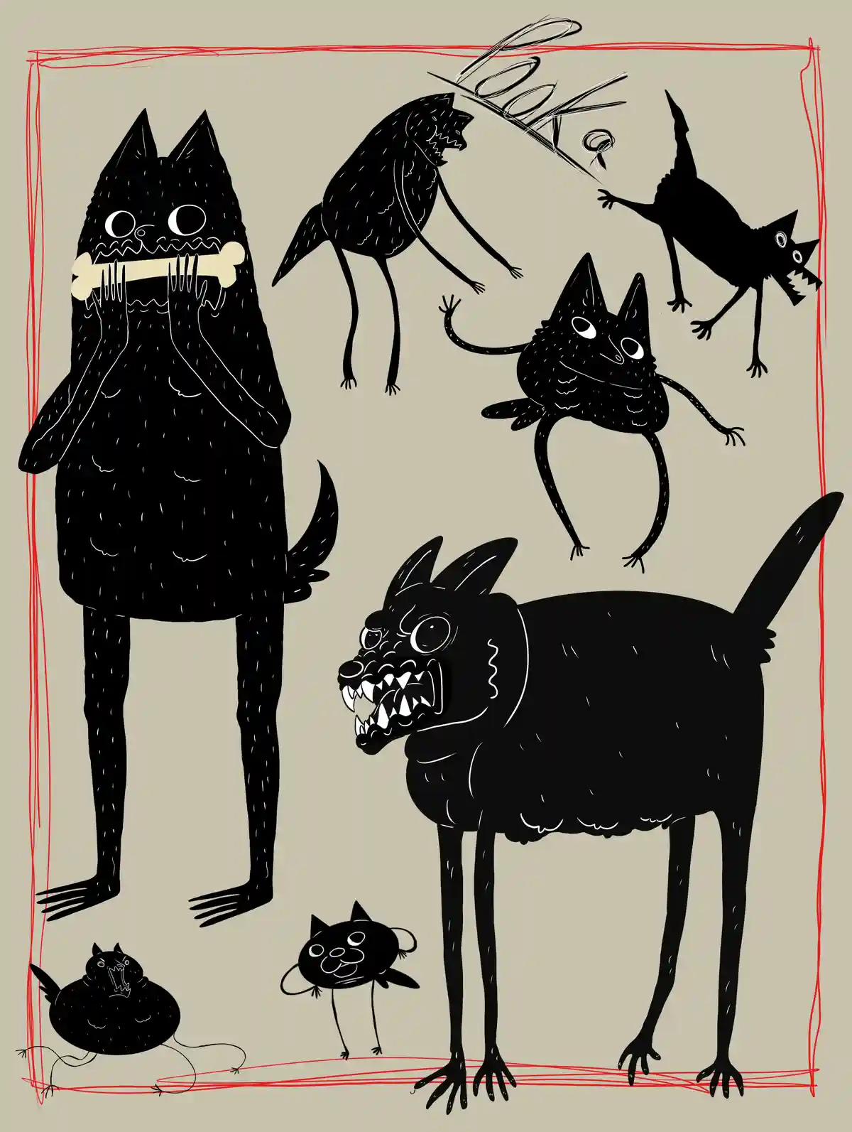 A beige background features multiple black, cartoonish cat and dog-like creatures in various poses: one large cat holds a…