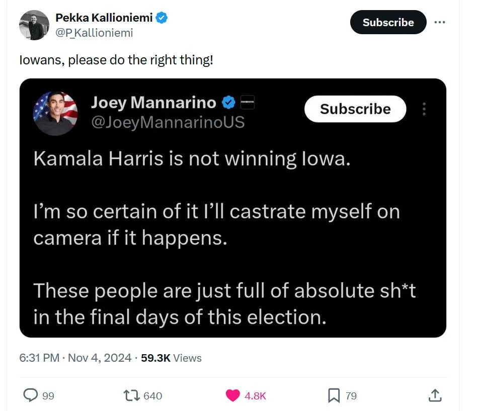A screenshot of a tweet by Joey Mannarino, who claims Kamala Harris is not winning Iowa and vows to castrate himself on…