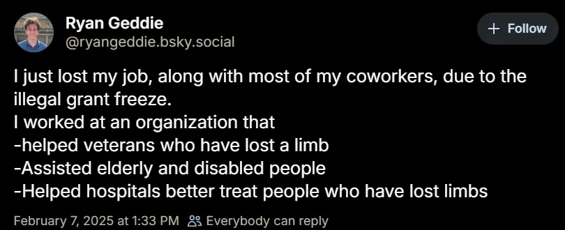 A screenshot of a social media post by Ryan Geddie, showing a black background with white text. The post details losing his…